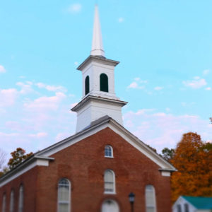 The exterior of the church in autumn